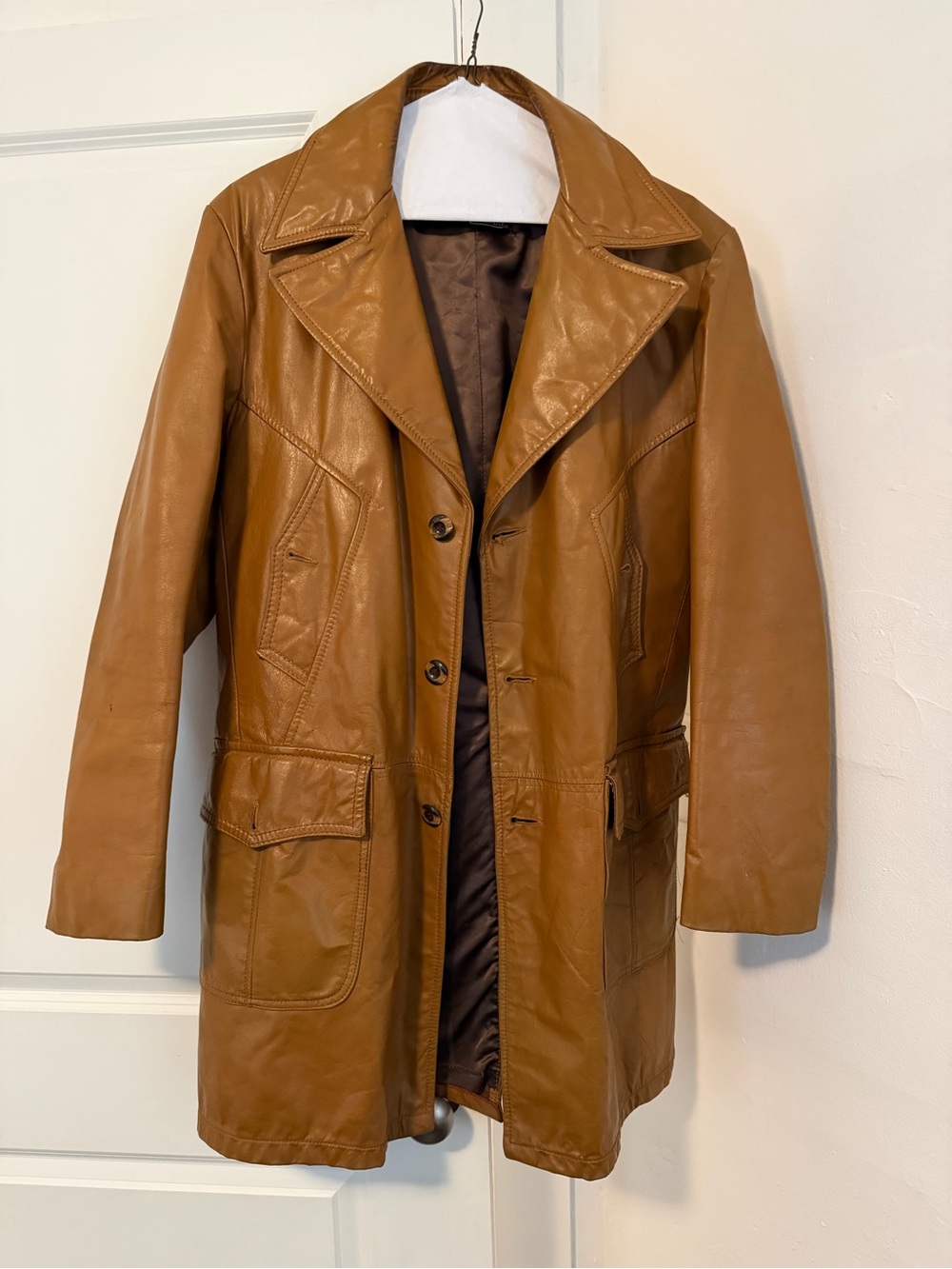 Men's Classic Tan Leather Trench Coat